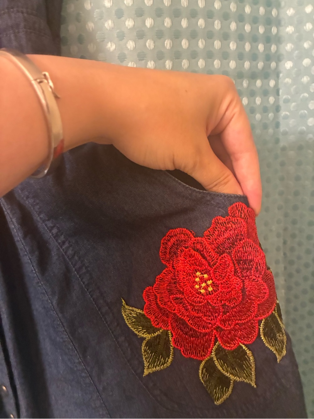 Women’s denim Shirt Dress with up-cycled Red Rose Embroidery - Picture 3 of 3